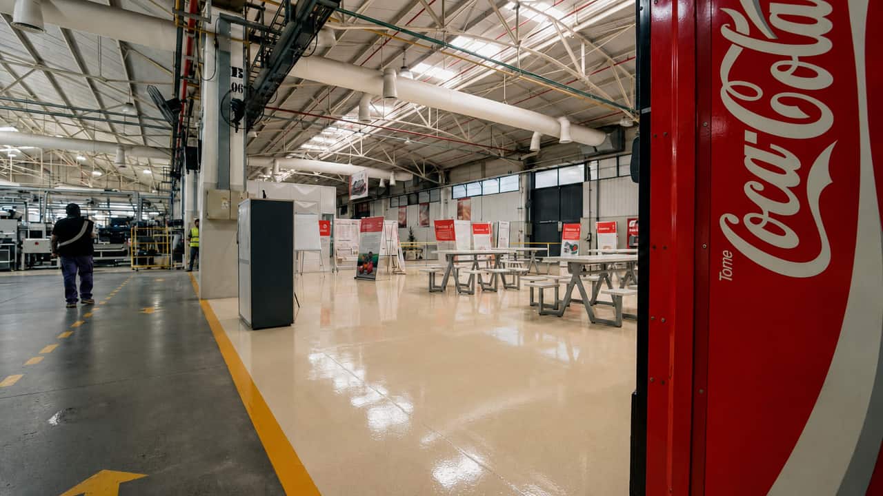 Interior de planta industrial con pisos tratados por COMAR Pinturas